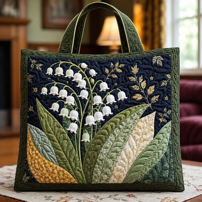 Lily of the Valley Quilted Tote Bag, Botanical Floral Cotton Shoulder Bag