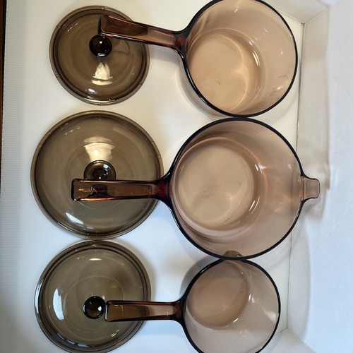 Set 3 VTG Visions Corningware Pyrex Amber Glass Cookware Pots Lids 6 USA - Afbeelding 6 van 6