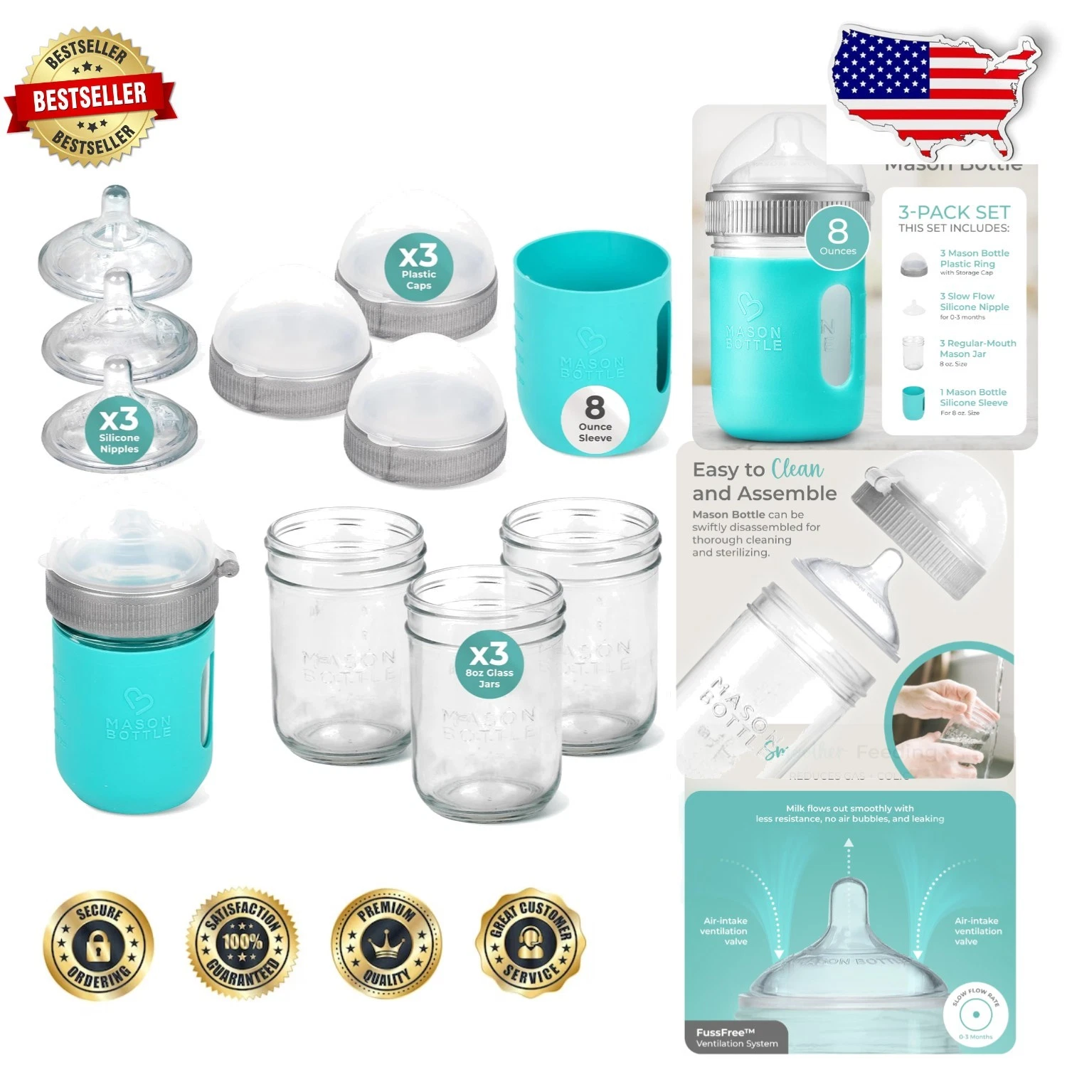 Safe 8oz Glass Baby Bottles 3-Pack Teal Slow Flow Nipple Anti-Colic Gift Set