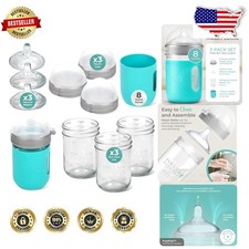 Safe 8oz Glass Baby Bottles 3-Pack Teal Slow Flow Nipple Anti-Colic Gift Set