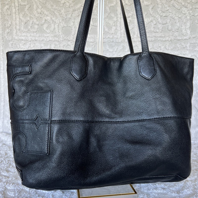 Tory Burch Large Logo on the Side Premium Black Leather Shoulder Tote Good Used