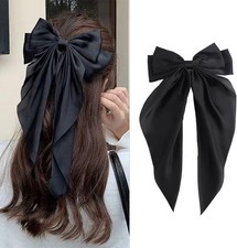 Silky Satin Oversized Long-tail Bow Clip, Large Black Hair Bow for Women Girl,