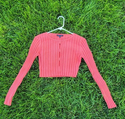 Kendall & Kylie Long sleeve Knit Crop Top Size Small Coral Y2K Peep Hole Fairy