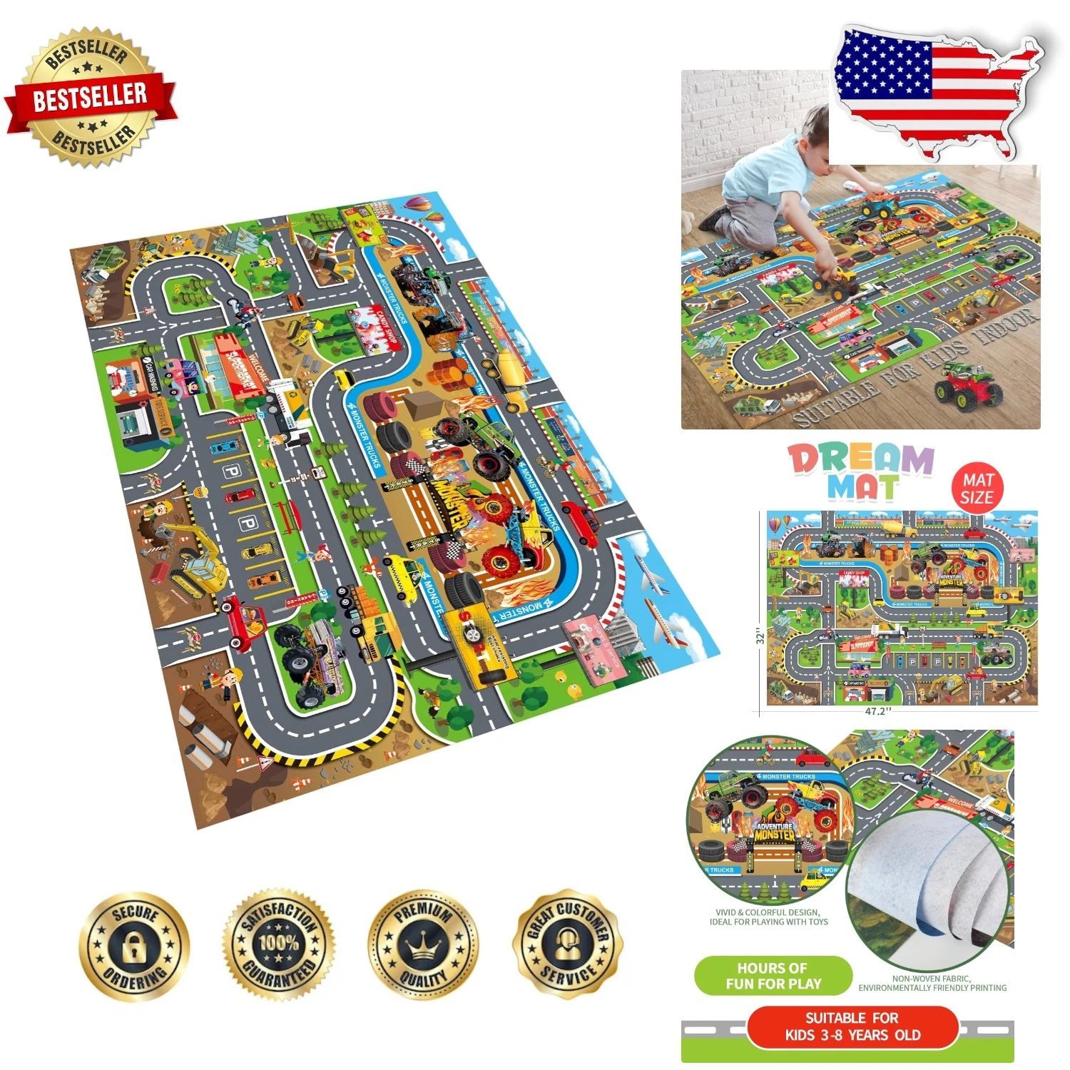 Monster Truck Playmat Kids Activity Rug - Vivid Cartoon Educational Floor Mat