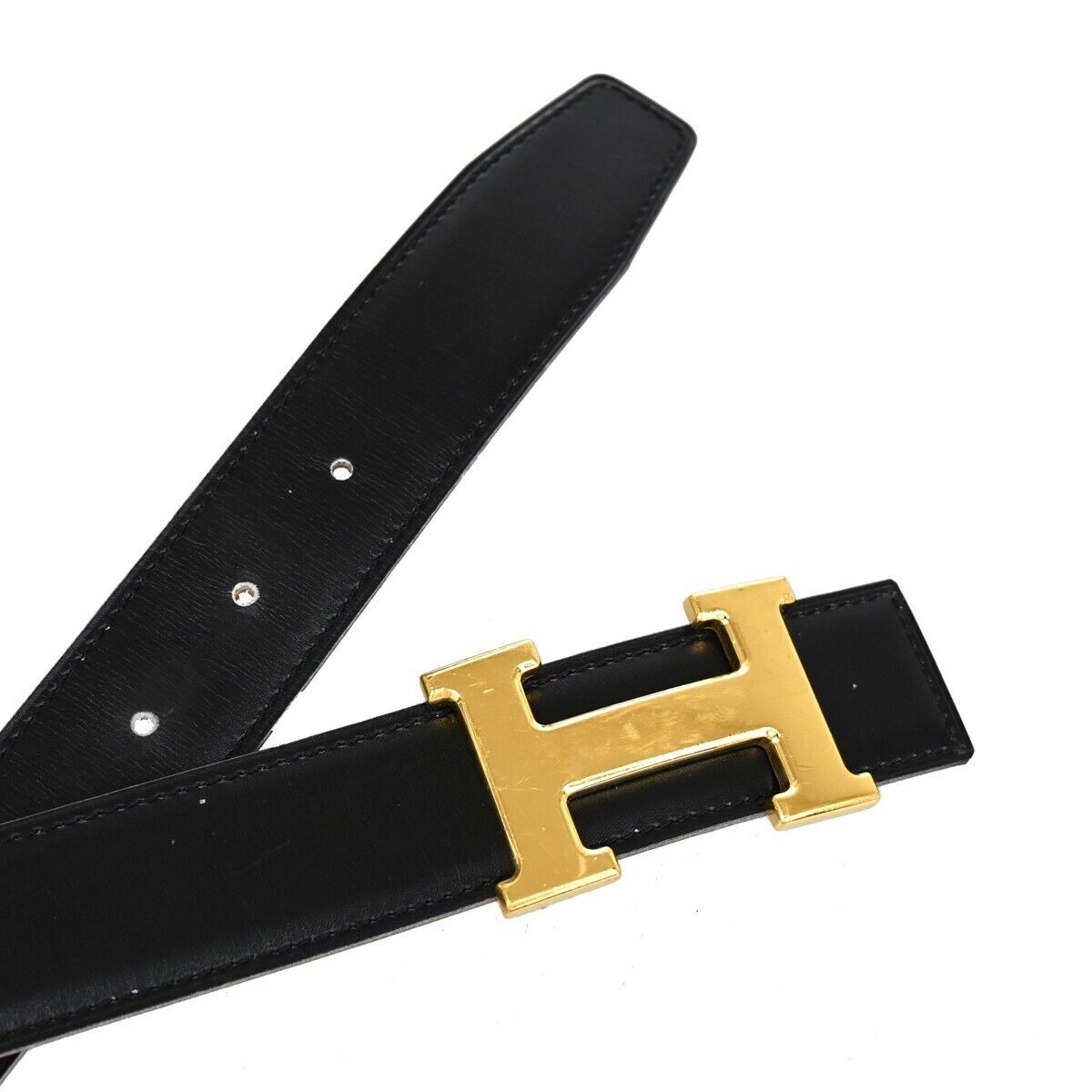 HERMES H Logo Constance Reversible Buckle Belt Leather Black Brown