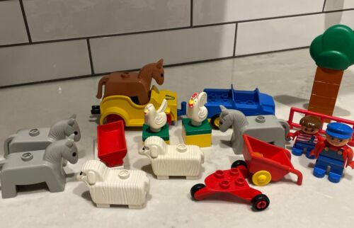 Lot Lego Duplo Animals, People, Vehicles Farm Vintage Horses, Sheep, Chickens