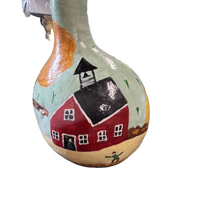 Hand Painted 12'' Gourd Fall Farm Scene Barn Horse Buggy Covered Bridge Folk Art