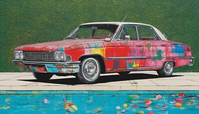 Crazy Garten 06 Oldtimer verspielt Buntes Auto Street Art Pool 120x70cm Pop Art