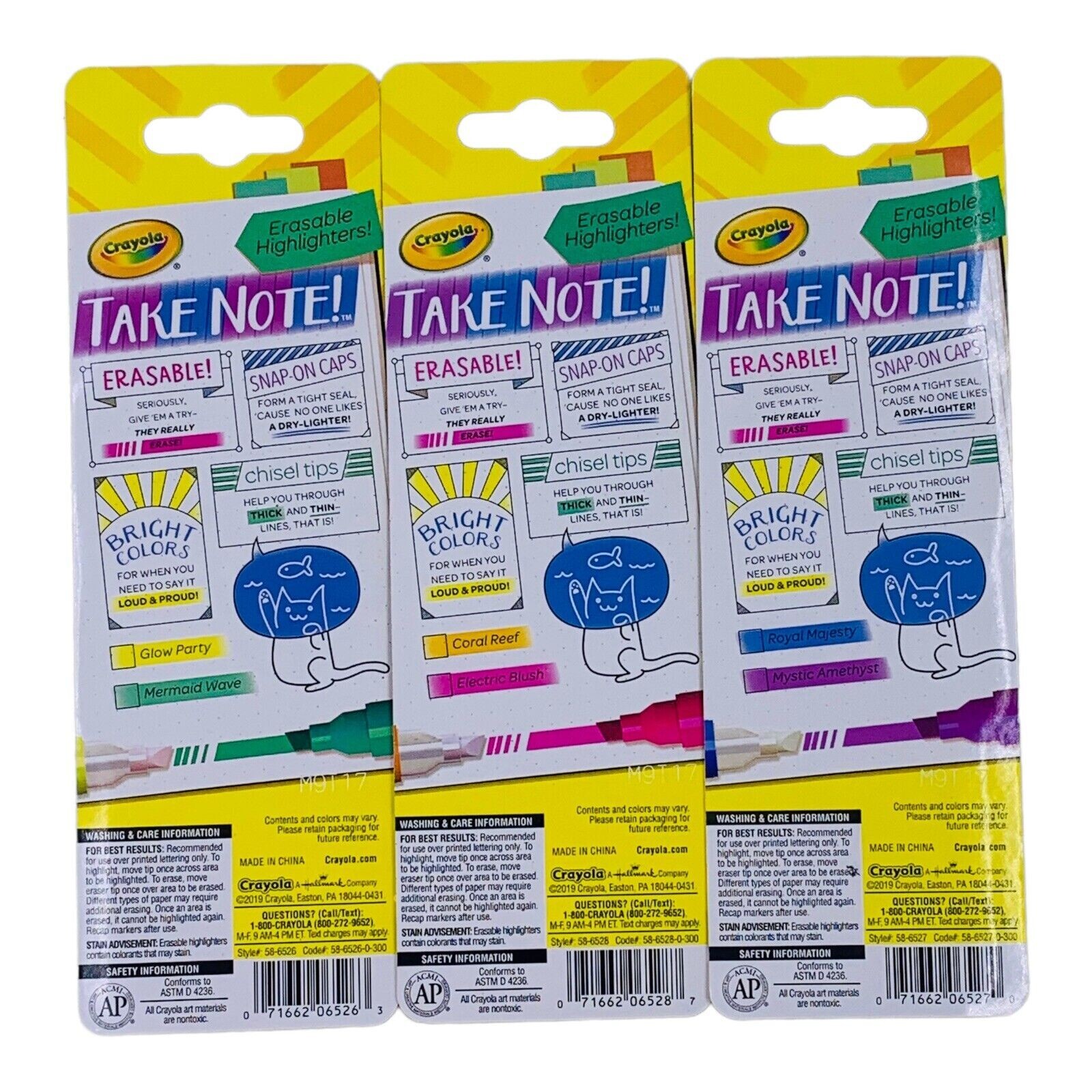 6 Crayola Erasable Highlighters Assorted Colors Chisel Tip