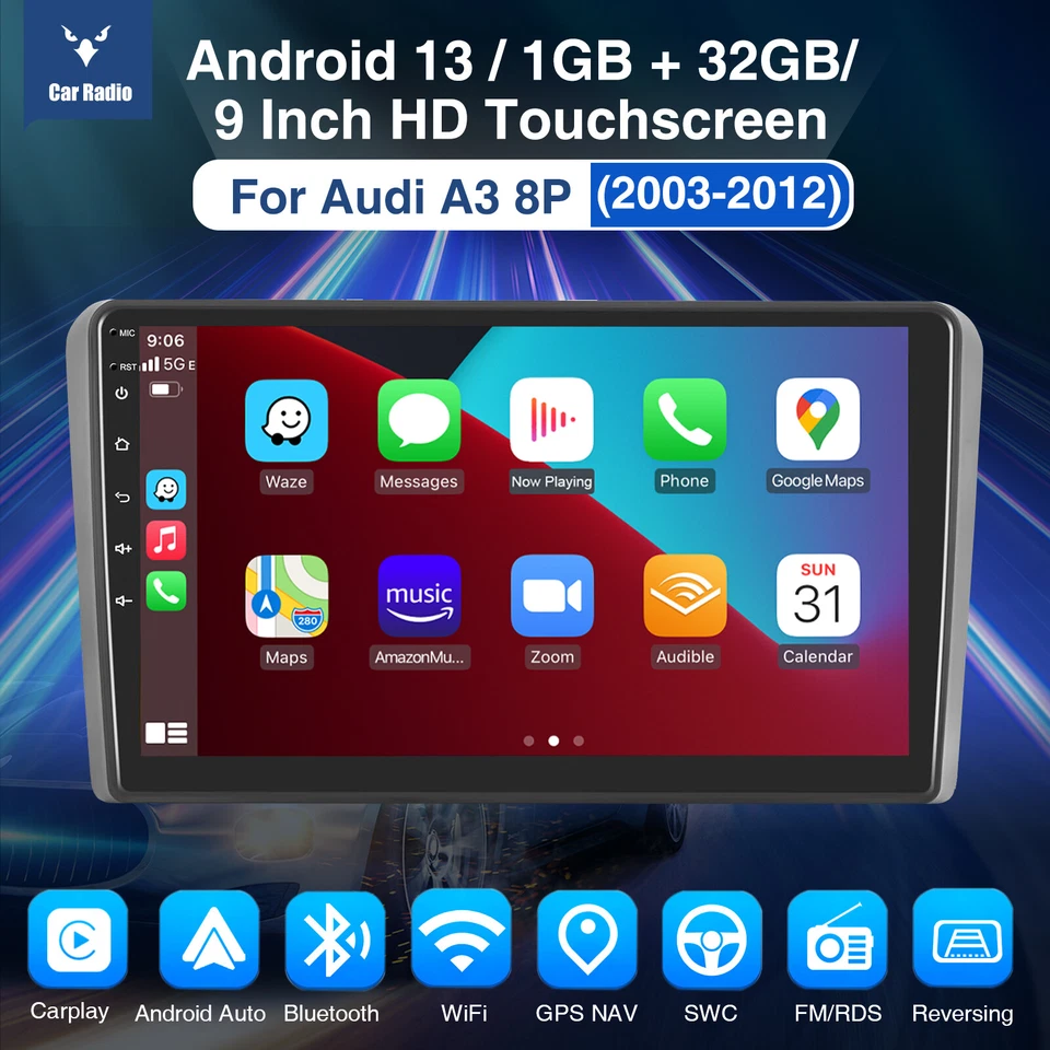 Radio estéreo de coche 9" para Audi A3 8P 2003-2013 S3 Apple Carplay Android13 NAVI+AHD Foto 3 de 4