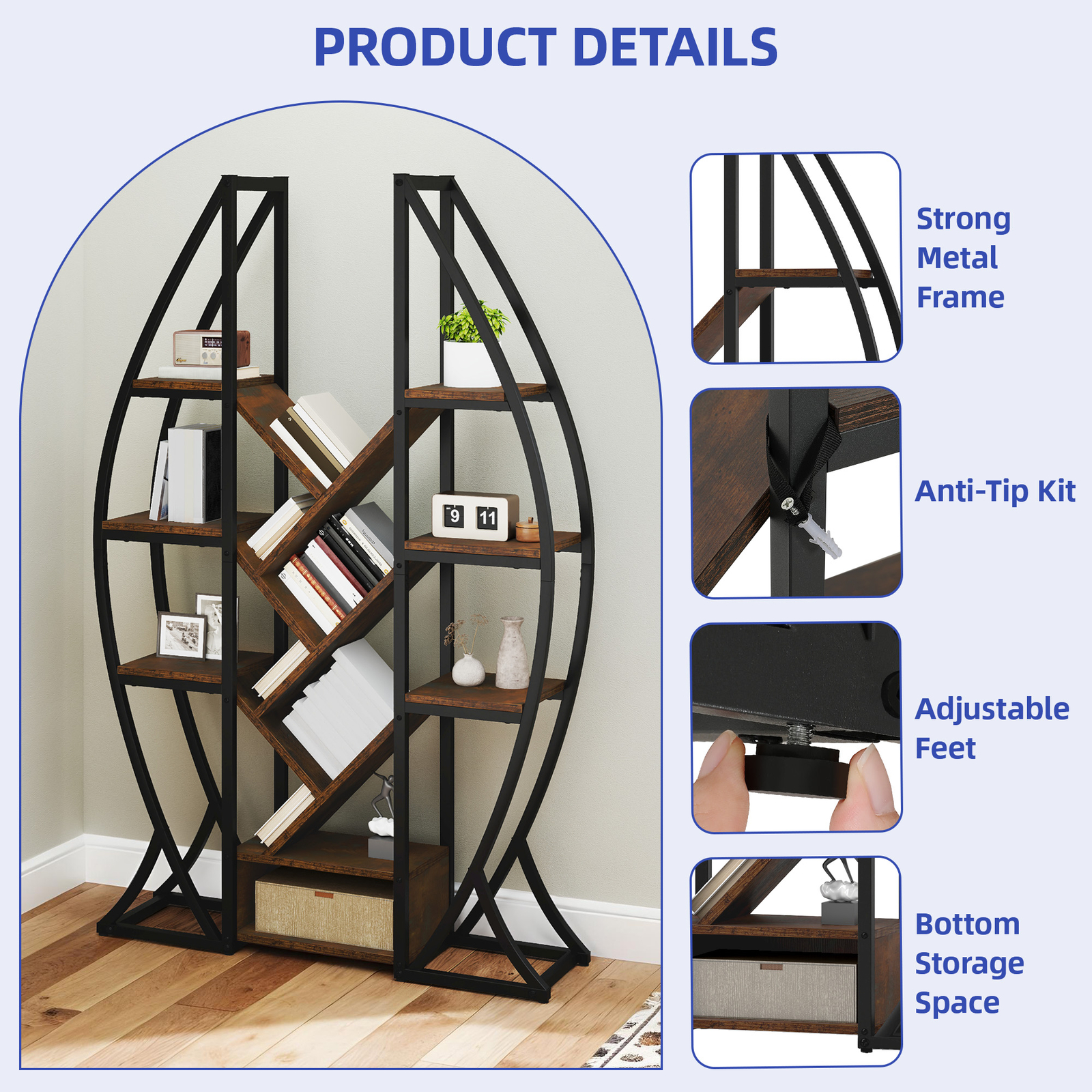 5 Tier Oval Bookshelf Bookcase Wooden Etagere Rack Display Home Rustic Brown