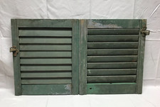 Pair Antique 16x18 Small Window Wood Louvered Green Shutters VTG Old 417-26B