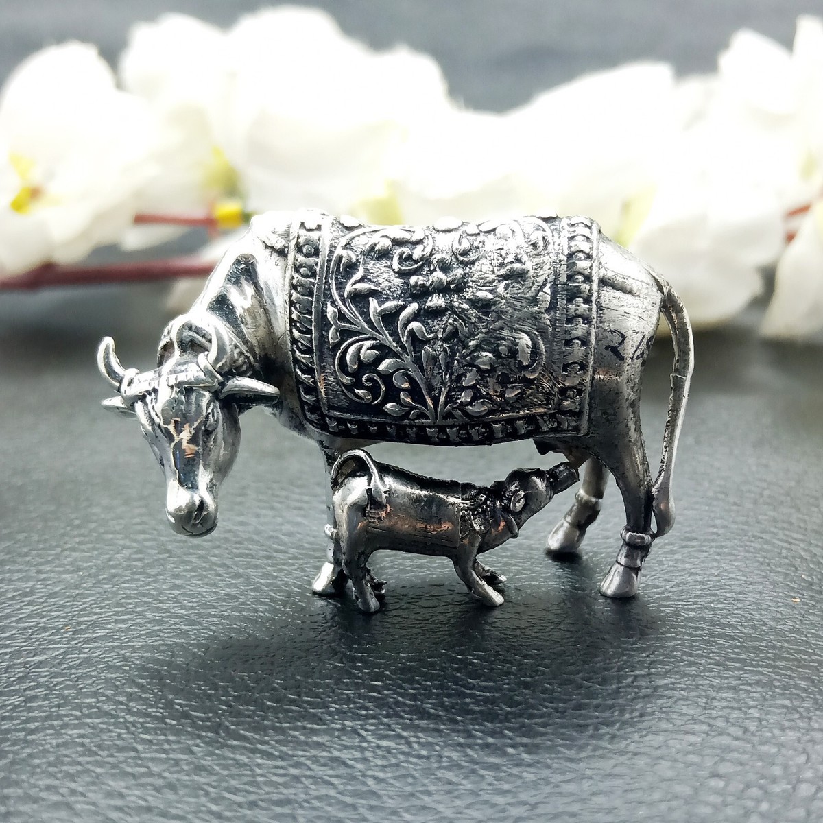 925 Sterling Silver Cow with Calf Idol, Solid Silver Kamdhenu Cow