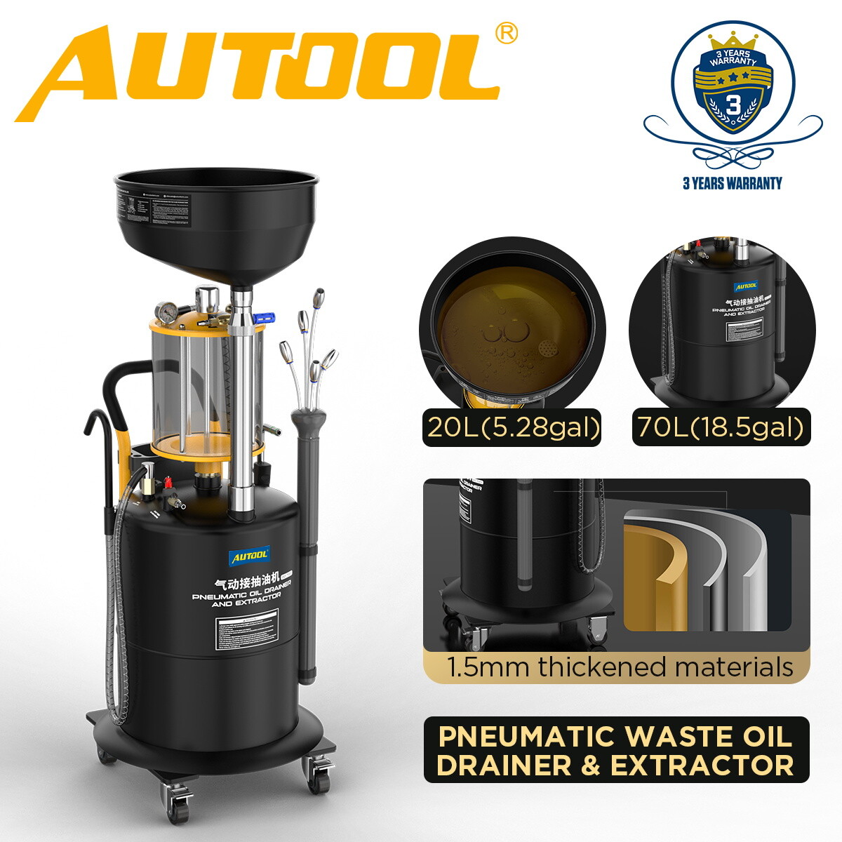 Extractor Drain Tank Air Operate Drain Oil Drain Container 18.5 Gallon