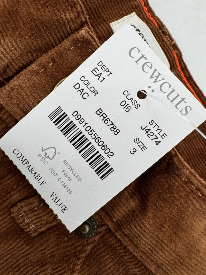 Pantalones Crewcuts Pana Ajustados Flexibles Niños Talla 3 Marrón Bellota Oscuro Vacaciones Nuevos con Etiquetas $60 Foto 3 de 4