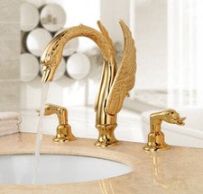 Luxury Gold Swan Bathroom Basin Sink 3 Hole Deck Mount Mixer Faucet 2 Handle Tap