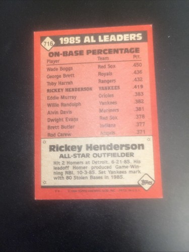 Rickey Henderson - 1986 Topps #716 - New York Yankees - Picture 2 of 2