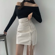 Ladies Faux Leather Skirts Bodycon High Waist Slim Fitted Lace Up Punk Rock Sexy