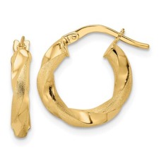 Real 14kt Yellow Gold Brushed and Polished Twisted Hoop Earrings