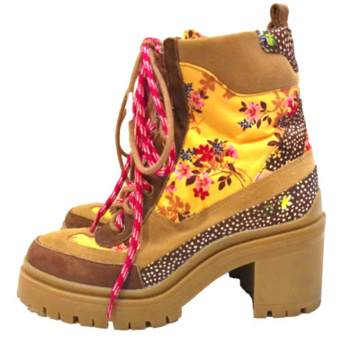 Gianni Bini Bohemian Floral and Dots Ankle Boots Yellow Pink & Brown Women's 6M