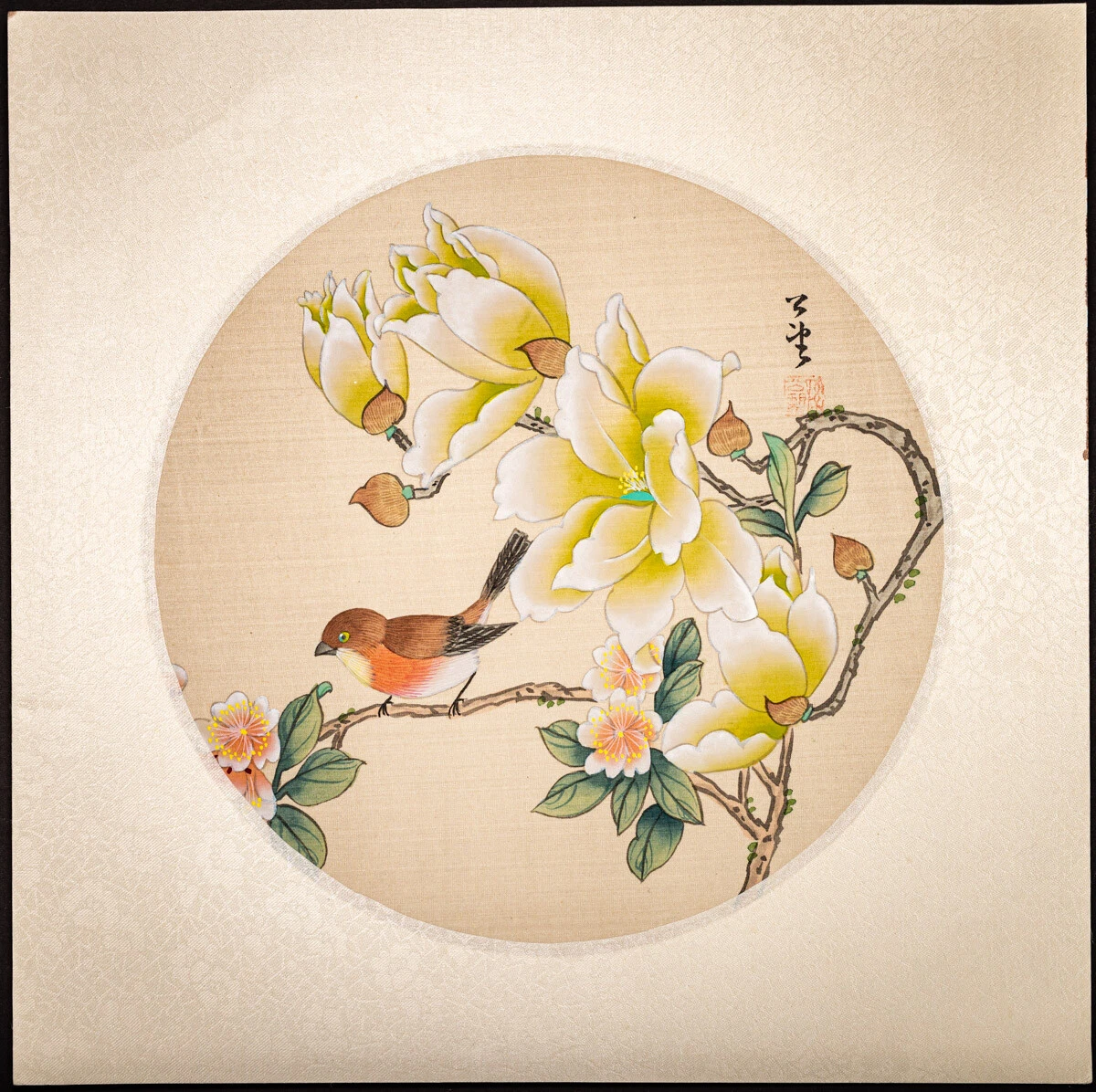 Chinese Silk Painting Bird And Yellow Flowers mounted on brocade 08