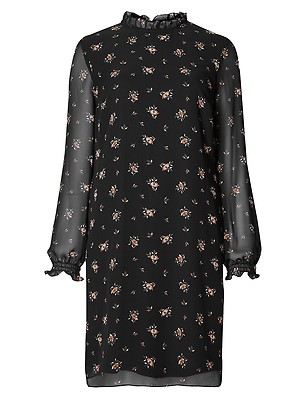sachin and babi light blue dress Marks & Spencer Black Chiffon Ditsy Long Sleeved Tunic Dress with Frill  Neckline