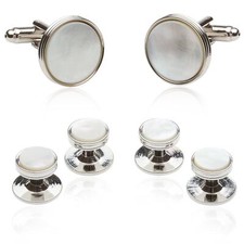 Mother of Pearl Cufflinks and Studs Tuxedo Set White Silver Formal Set Round