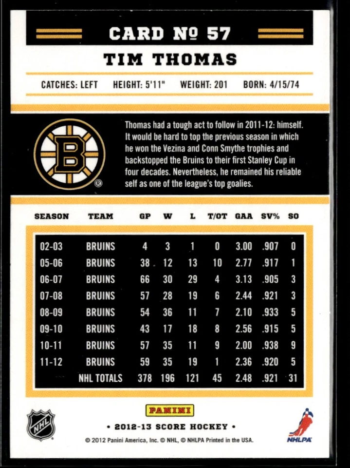 2012-13 Score Gold Rush Tim Thomas #57 - Image 2 of 2