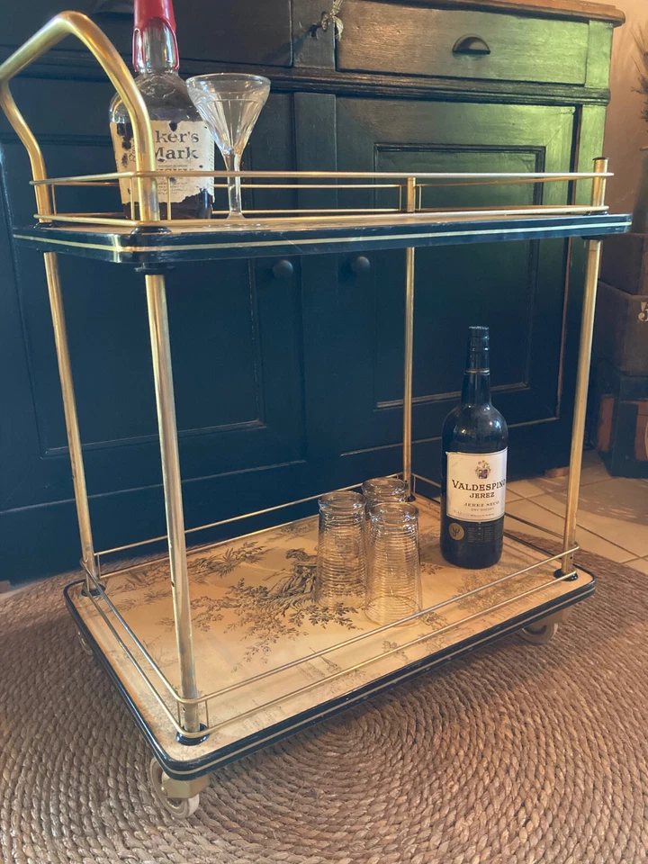 Servante dorée 70's double plateau en toile de Jouy jaune pièce rare et élégante - Photo 4/4