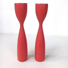 Vintage Red Wood Danish MCM Candlesticks Candleholders Made in Denmark
