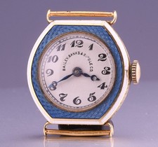 RARE c1920 ART DECO E HUGUENIN 14K GOLD GUILLOCHE ENAMEL 17J WRIST WATCH