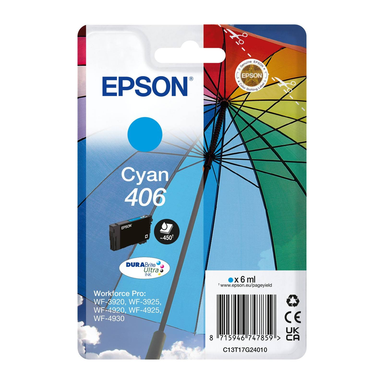 Epson Cyan C13t17g24010/406 Ink Cartridge 6Ml For Wf-3920 - Image 2