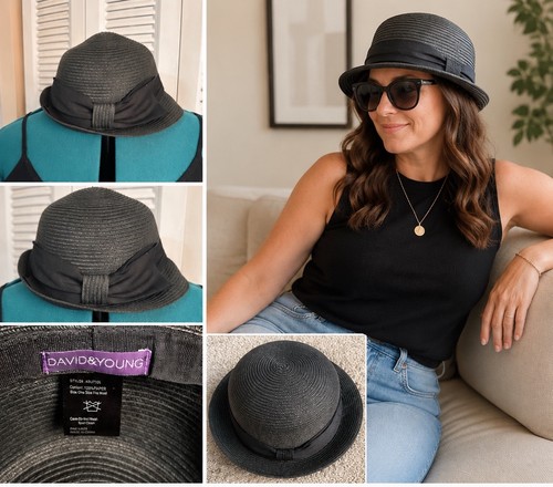 David & Young Black Paper Straw Cloche Bucket Hat Ribbon Band One Size OSFM