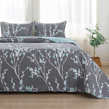 Quilt King Size Grey Blue 106X96 Inch , 3 Pieces Floral Lightweight Bedding Set