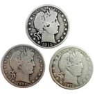 Lot of 3 Barber Half Dollars 90% Silver 1903, 1912-D, 1915-D