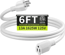 16/3 White Extension Cord 6 FT, Indoor Extension Cord for Laptops, Coffee Makers