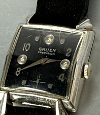 VTG Art Deco GRUEN Precision Black Dial Silver tone Case Paved WORKING