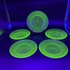 Set of 5 Anchor Hocking Green Uranium Glass Block Optic 9" Dinner Plates READ