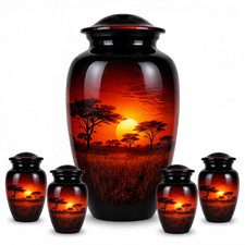 African Sunset Cremation Set, Savanna Landscape Memorial Urn, Aluminum Adult wit