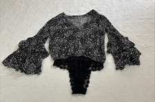 Free People Intimately Bodysuit Women s Size L Turnt Black Floral Deep V Neck