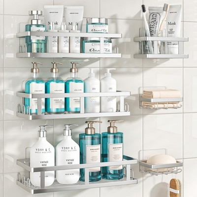 Shower Caddy 6 Pack, Adhesive Shower Shelves with Soap Holder, No Drilling Ru...