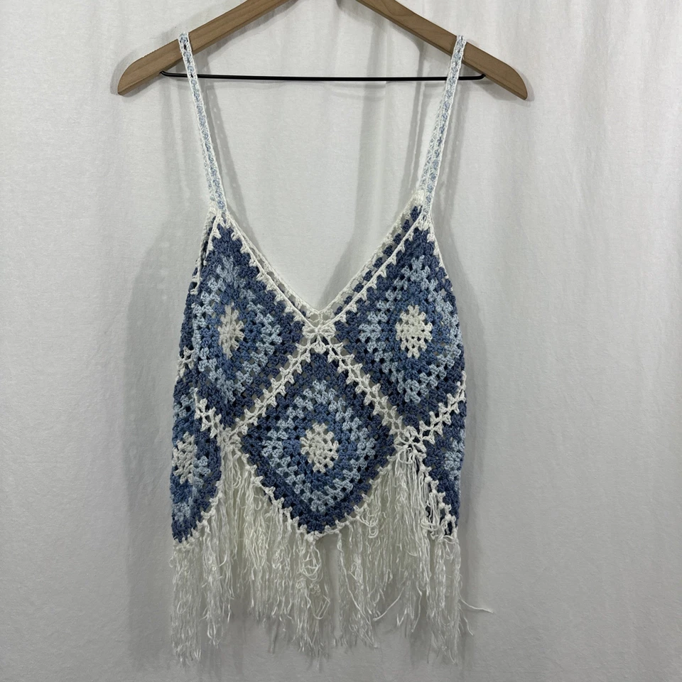 Camiseta sin mangas Altar’d State Granny cuadrada azul con flecos de ganchillo para mujer L Boho Festival Foto 2 de 4