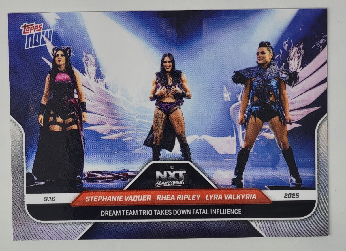 Stephanie Vaquer / Rhea Ripley / Lyra Valkyria #95 Wrestling Cards 2025 Topps Now WWE trading card — raw and PSA graded price guide