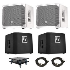 2x EV ELX200-12SP White 12" powered subwoofers with covers and dollies