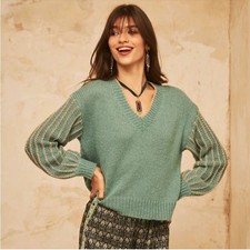 Suéter NKN Nekane Meli Aqua Gold Lurex Cuello en V Mezcla de Lana Pequeño/Mediano Nuevo con Etiquetas
