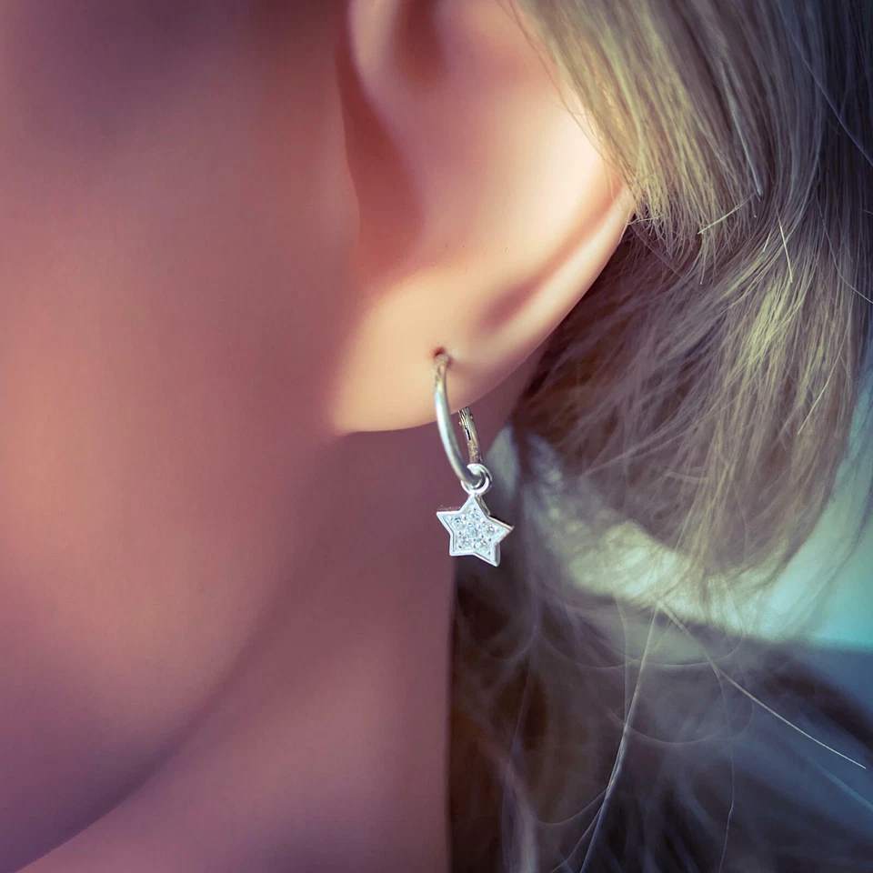 1 Paar Creolen Ohrringe 925 Sterling Silber Hängender Stern mit Zirkonia-Steinen - Bild 2 von 2