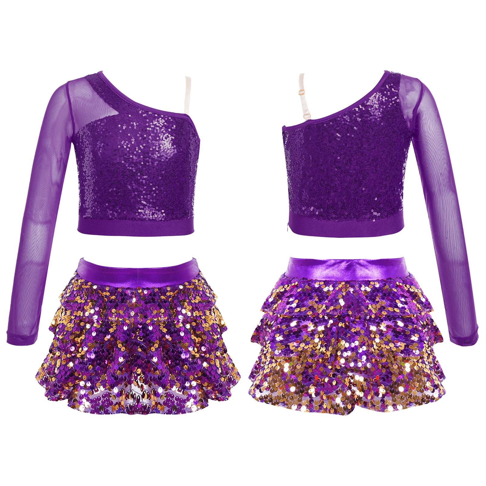 Kids Girls Costume Sparkly Crop Top With Skirt Sequins Cheerleading ...