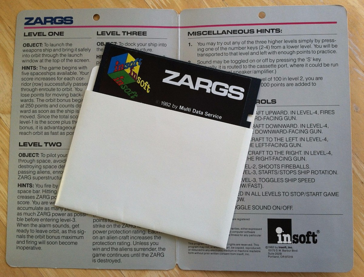 Zargs by Insoft computer game with 5.25 inch disk Apple II+,IIe
