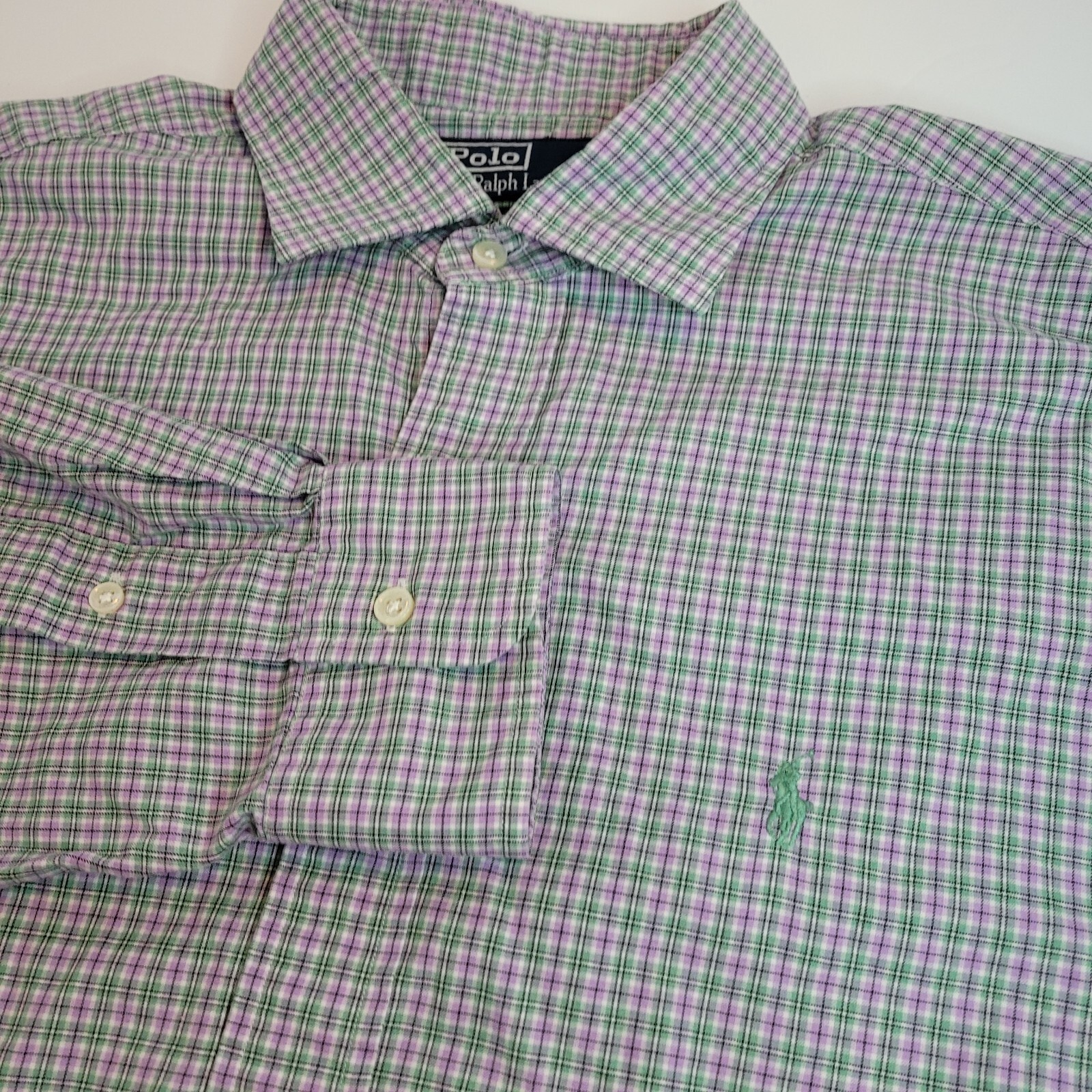 Polo Ralph Lauren Shirt Mens Large Green Purple Plaid Regent Custom Long Sleeve