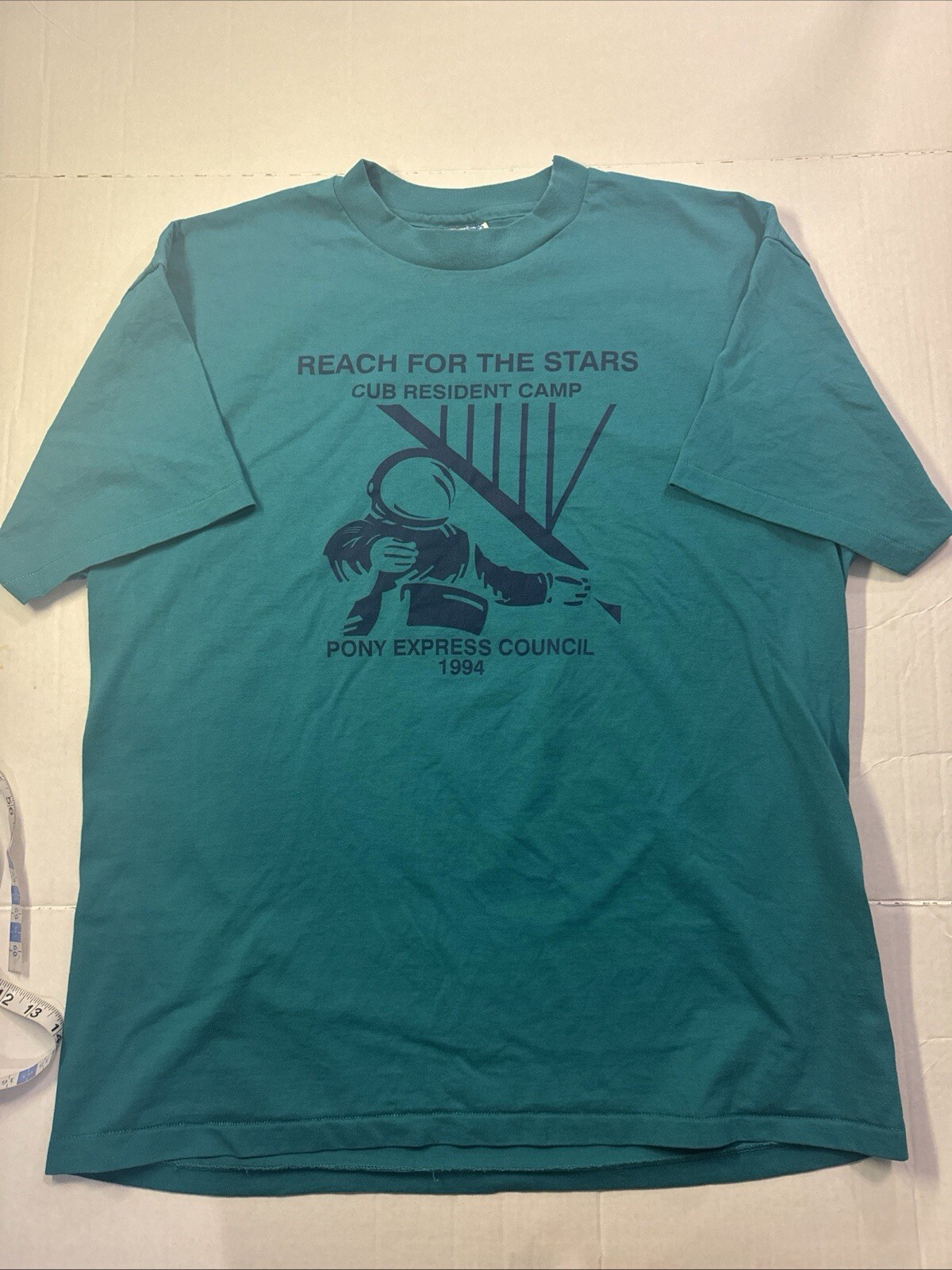 T shirt uomo XL 1994 Pony Express Cub Camp Teal punto singolo senza difetti vintage
